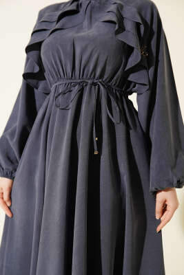 Bel Lastikli Yaka Fırfırlı Elbise Lacivert - Elbise