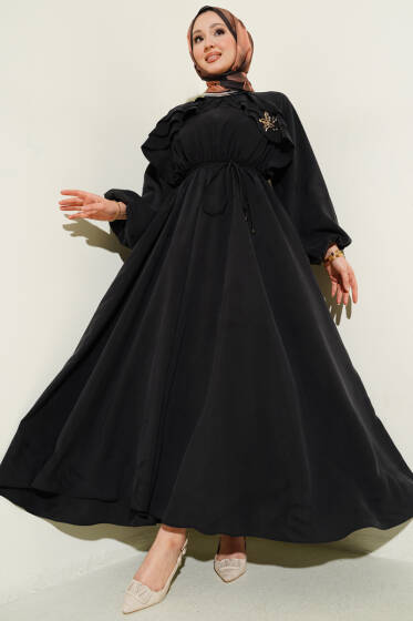 Bel Lastikli Yaka Fırfırlı Elbise Siyah - Elbise