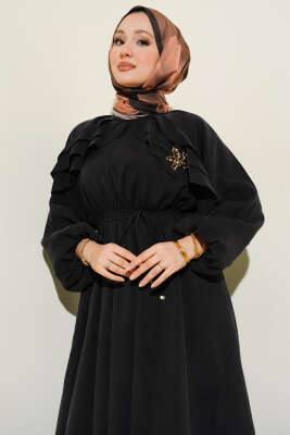 Bel Lastikli Yaka Fırfırlı Elbise Siyah - Elbise