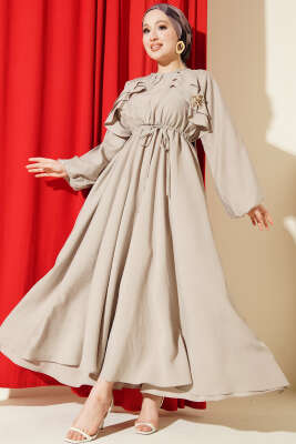 Bel Lastikli Yaka Fırfırlı Elbise Taş 