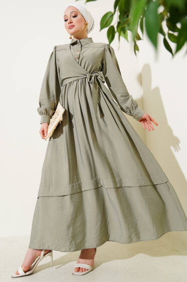 Bel Lastikli Yan Bağlamalı Elbise Çağla Yeşili - Elbise