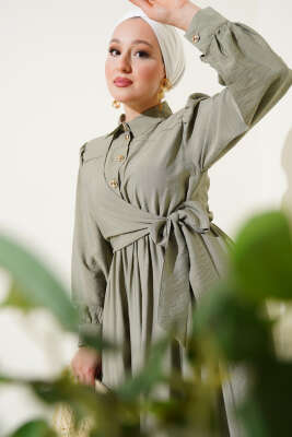 Bel Lastikli Yan Bağlamalı Elbise Çağla Yeşili - Tesettür Elbise