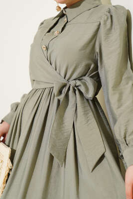Bel Lastikli Yan Bağlamalı Elbise Çağla Yeşili - Tesettür Elbise