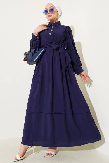 Bel Lastikli Yan Bağlamalı Elbise Lacivert - Elbise