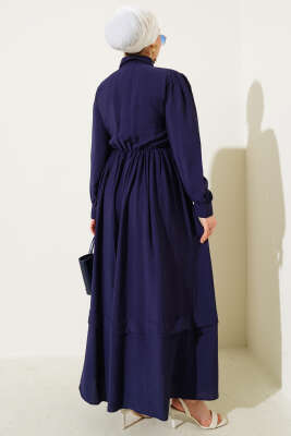 Bel Lastikli Yan Bağlamalı Elbise Lacivert - Tesettür Elbise