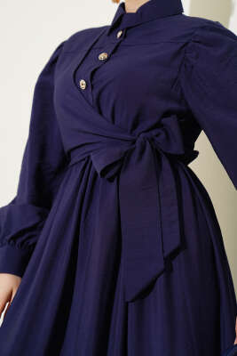 Bel Lastikli Yan Bağlamalı Elbise Lacivert - Tesettür Elbise