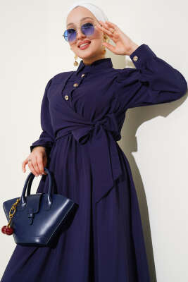 Bel Lastikli Yan Bağlamalı Elbise Lacivert - Tesettür Elbise