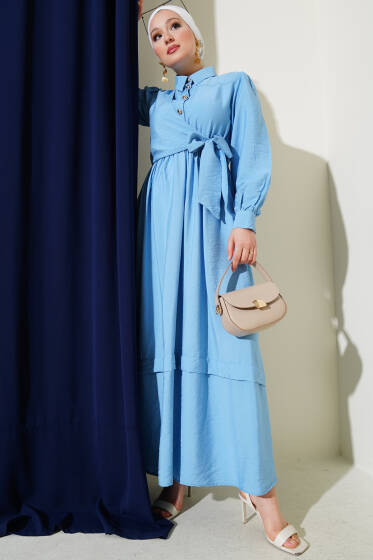 Bel Lastikli Yan Bağlamalı Elbise Mavi - Elbise