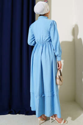 Bel Lastikli Yan Bağlamalı Elbise Mavi - Tesettür Elbise