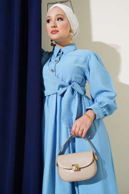 Bel Lastikli Yan Bağlamalı Elbise Mavi - Tesettür Elbise