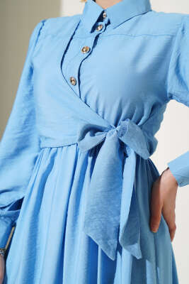 Bel Lastikli Yan Bağlamalı Elbise Mavi - Tesettür Elbise