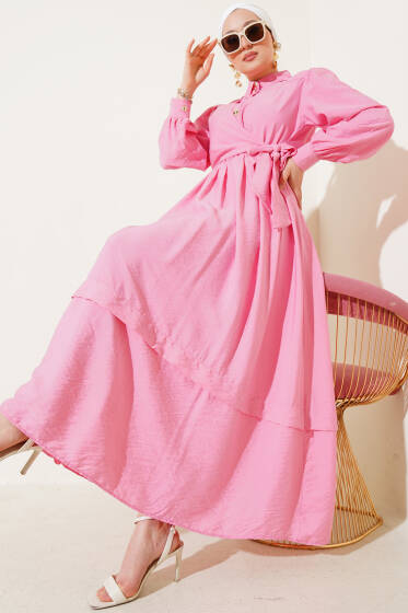 Bel Lastikli Yan Bağlamalı Elbise Pembe - Elbise