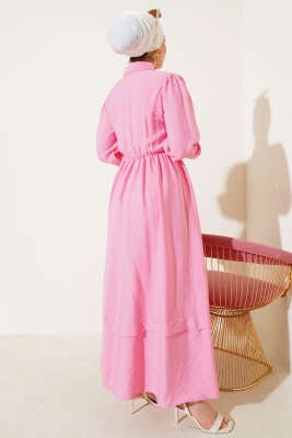 Bel Lastikli Yan Bağlamalı Elbise Pembe - Tesettür Elbise