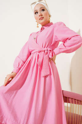 Bel Lastikli Yan Bağlamalı Elbise Pembe - Tesettür Elbise