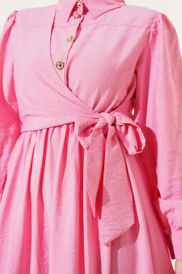 Bel Lastikli Yan Bağlamalı Elbise Pembe - Tesettür Elbise