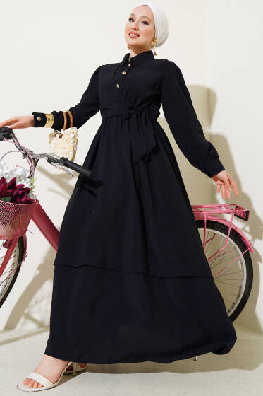 Bel Lastikli Yan Bağlamalı Elbise Siyah - Elbise