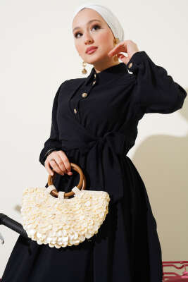 Bel Lastikli Yan Bağlamalı Elbise Siyah - Tesettür Elbise