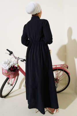 Bel Lastikli Yan Bağlamalı Elbise Siyah - Tesettür Elbise