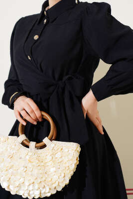 Bel Lastikli Yan Bağlamalı Elbise Siyah - Tesettür Elbise