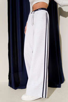 Bel Lastikli Yan Şerit Geniş Paça Pantolon Gri - QUZU