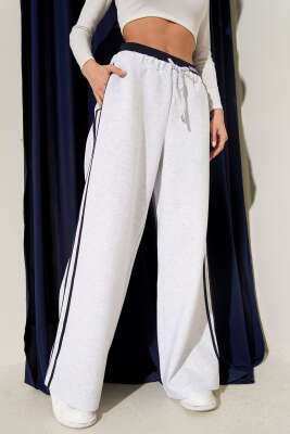 Bel Lastikli Yan Şerit Geniş Paça Pantolon Gri - Kadın Giyim Modelleri