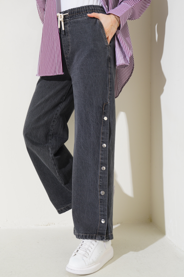 Bel Lastikli Yanları Çıtçıtlı Kot Pantolon Gri - Pantolon