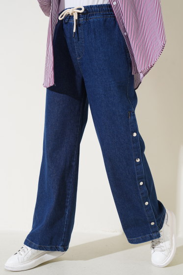 Bel Lastikli Yanları Çıtçıtlı Kot Pantolon Koyu Mavi - Pantolon