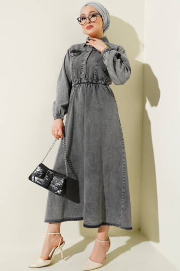 Bel Lastikli Yarım Düğmeli Kot Elbise Gri - Elbise