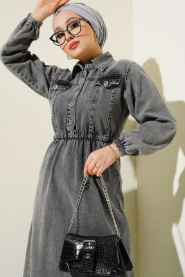 Bel Lastikli Yarım Düğmeli Kot Elbise Gri - Tesettür Elbise