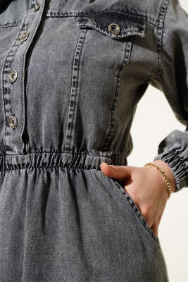 Bel Lastikli Yarım Düğmeli Kot Elbise Gri - Tesettür Elbise