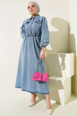 Bel Lastikli Yarım Düğmeli Kot Elbise Kot Mavisi