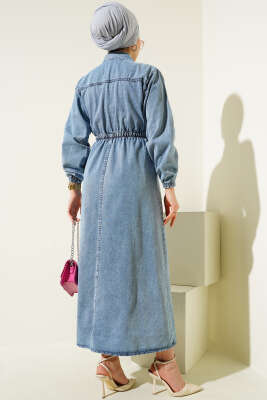 Bel Lastikli Yarım Düğmeli Kot Elbise Kot Mavisi - Tesettür Elbise