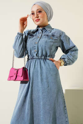 Bel Lastikli Yarım Düğmeli Kot Elbise Kot Mavisi - Tesettür Elbise