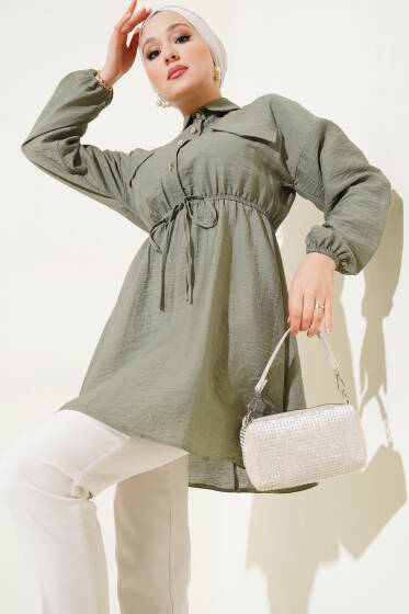 Bel Lastikli Yarım Taş Düğmeli Tunik Çağla Yeşili - Tunik