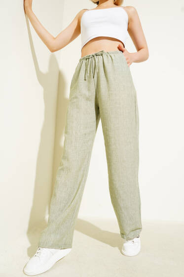 Bel Lastikli Yazlık Pantolon Haki - Kadın Giyim Modelleri