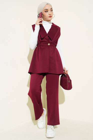 Bel Lastikli Yelekli Scuba İkili Takım Bordo - İkili Takım
