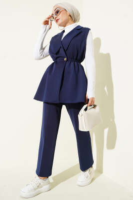 Bel Lastikli Yelekli Scuba İkili Takım Lacivert - TABLO FASHİON