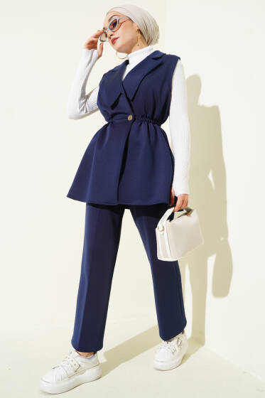 Bel Lastikli Yelekli Scuba İkili Takım Lacivert - İkili Takım