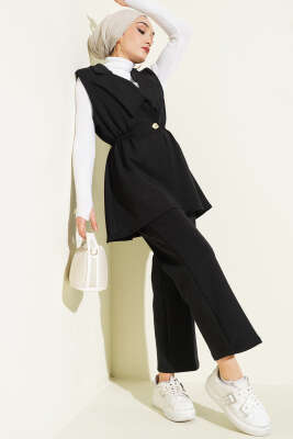 Bel Lastikli Yelekli Scuba İkili Takım Siyah - TABLO FASHİON