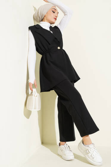 Bel Lastikli Yelekli Scuba İkili Takım Siyah - İkili Takım