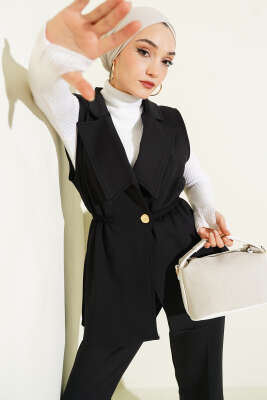 Bel Lastikli Yelekli Scuba İkili Takım Siyah - İkili Takım