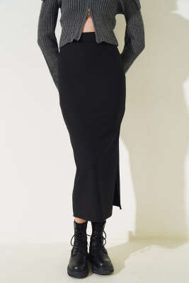 Bel Lastikli Yırtmaçlı Midi Etek Siyah - Kadın Giyim Modelleri