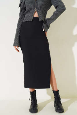 Bel Lastikli Yırtmaçlı Midi Etek Siyah - Kadın Giyim Modelleri