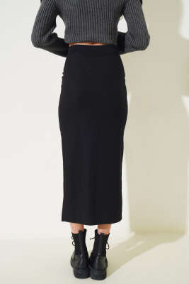 Bel Lastikli Yırtmaçlı Midi Etek Siyah - Kadın Giyim Modelleri