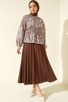 Bel Lastikli Zebra Desenli Etekli Takım Kahve - İKİLİ TAKIM