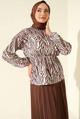 Bel Lastikli Zebra Desenli Etekli Takım Kahve - İKİLİ TAKIM