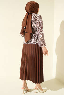 Bel Lastikli Zebra Desenli Etekli Takım Kahve - İKİLİ TAKIM