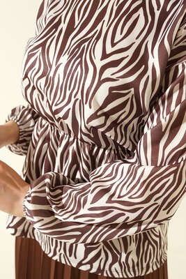 Bel Lastikli Zebra Desenli Etekli Takım Kahve - İKİLİ TAKIM