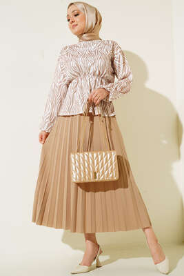 Bel Lastikli Zebra Desenli Etekli Takım Latte 