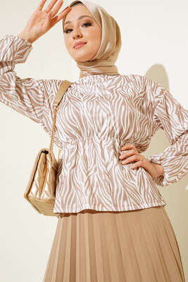 Bel Lastikli Zebra Desenli Etekli Takım Latte - İKİLİ TAKIM